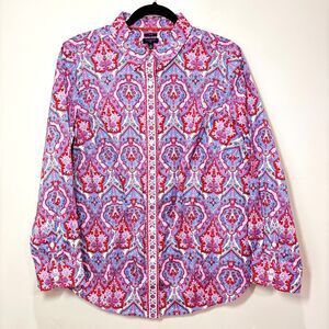 Talbots Pink Floral Paisley Button Up Shirt 14W Non-Iron Crisp Career Classic